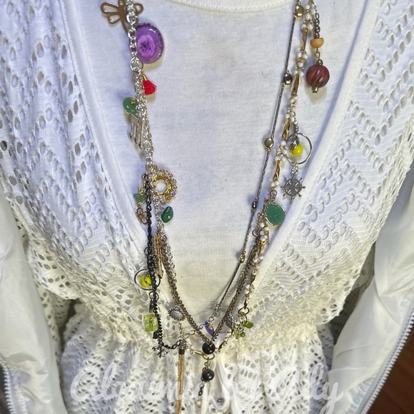 Green jade and Peridot and silver statement layered multi charms necklace - Picture 13 of 15